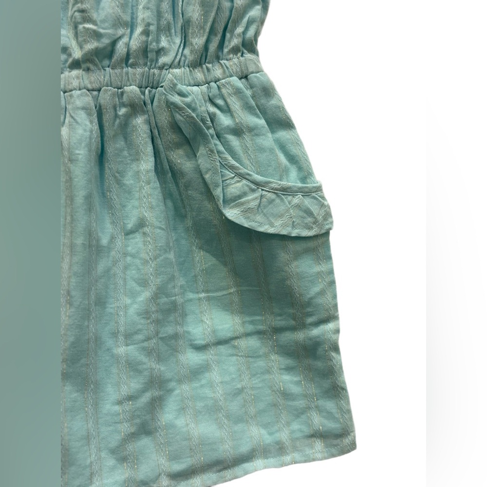 Janie and Jack Aqua Blue Gold Stripe Romper NWT Girls Size 9/10 Cotton ☀️ Beachy - Picture 2 of 7